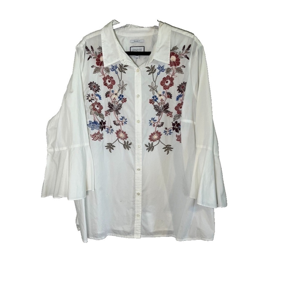 Colorful Floral Embroidered Shirt 24W Boho Western Indie Folk Cottage Earthy 80s